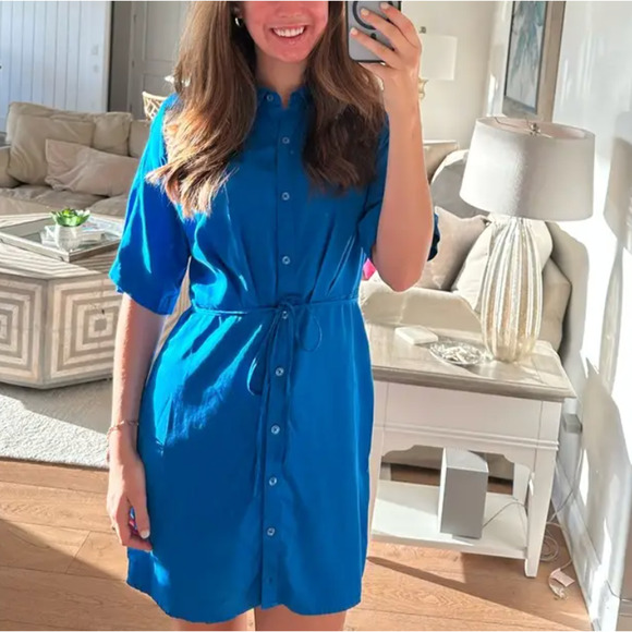 Thakoon Cerulean Blue Shirt Dress Size 12 Career Blouson Tie Waist Designer $310 - Picture 4 of 11